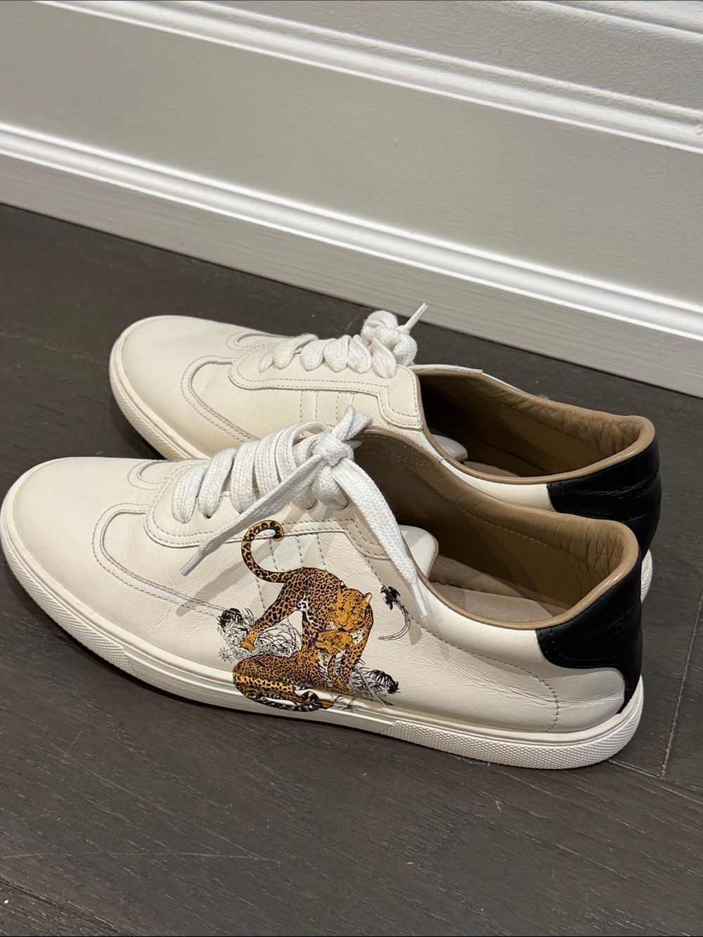 Hermes White Leather Sneakers with Leopard Motif and Black Heel - Picture 7 of 9